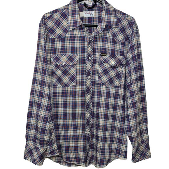 Vintage Wrangler Pearl Snap Long Sleeve Western Button Down Shirt Blue Tan Red L - Picture 1 of 7